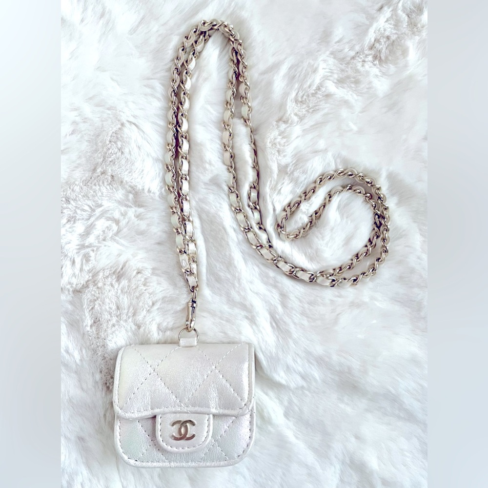 Chanel AirPods Pro case in iridescent white leather with silver hardware